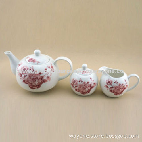 3pcs Tea Set (Tea Pot+Sugar Pot+Creamer), New Bone China, Red Design, New for 2014
